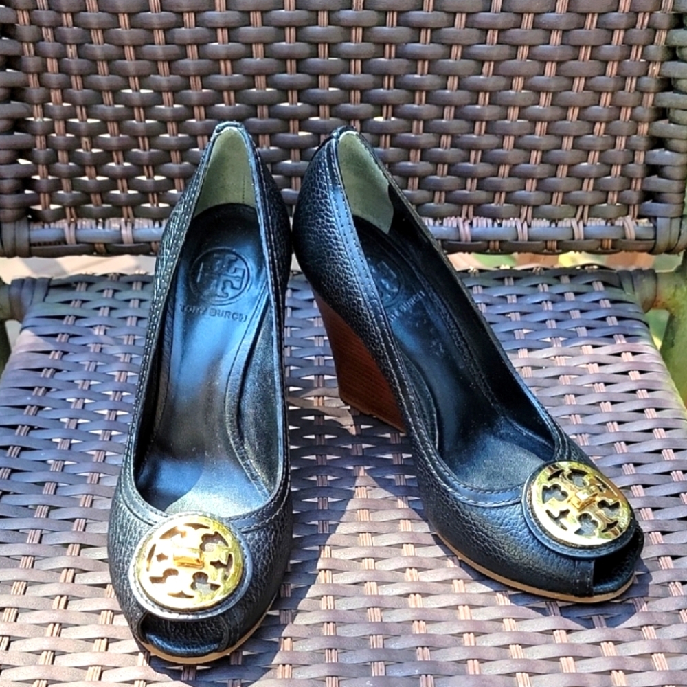 Tory Burch Black Peeptoe Wedges with Gold Iconic Emblem - Size 6.5